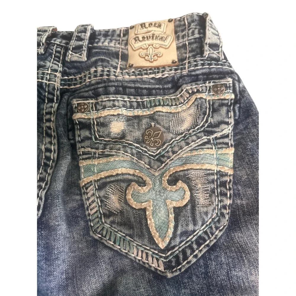 Rock Revival Ledford Straight Leg Distressed Jeans Mens 29 Blue Fleur De Lis